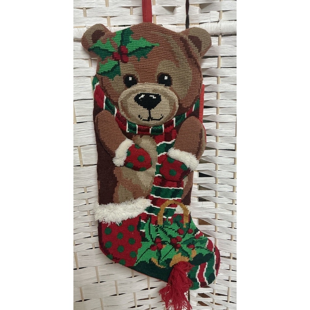 Vtg Needlepoint 3D Teddy Bear Christmas Stocking Scarf Mittens Holly Tassel 20"